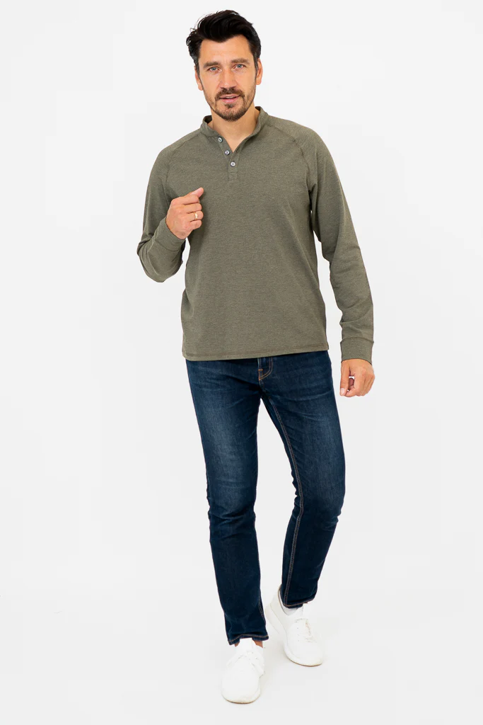 Henley Men's Shirt, Yarn Dye Khaki, Bamboo - Image 2
