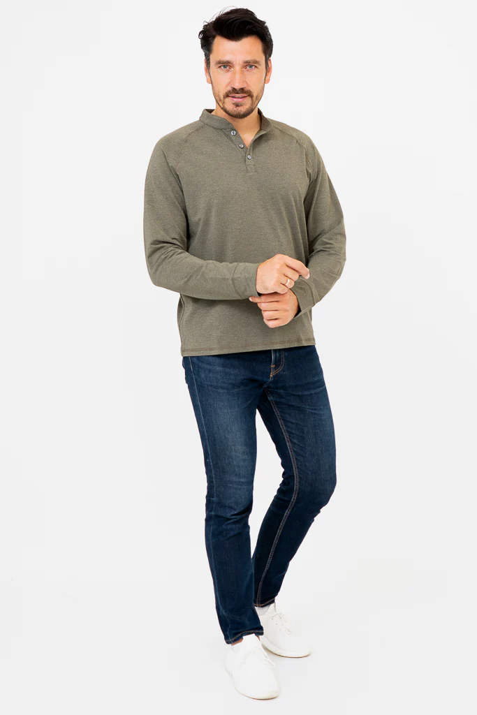 Henley Men's Shirt, Yarn Dye Khaki, Bamboo - Image 5
