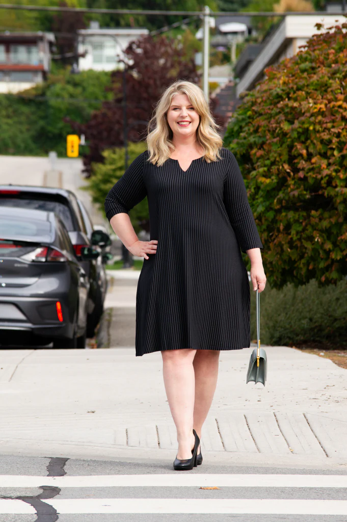 Maggie 3/4 Sleeve Dress, Blk/Grey Stripe, Bamboo - Final Sale - Image 3