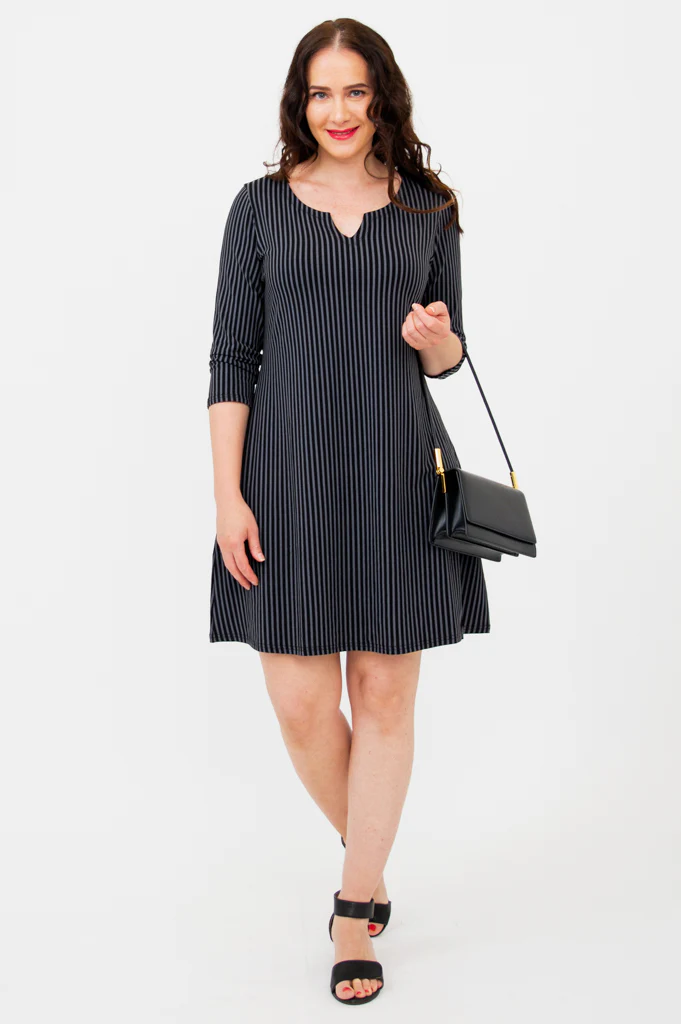 Maggie 3/4 Sleeve Dress, Blk/Grey Stripe, Bamboo - Final Sale - Image 4
