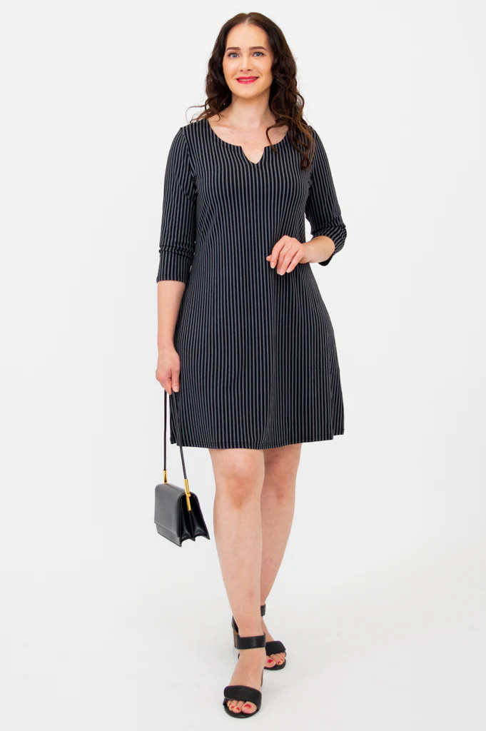 Maggie 3/4 Sleeve Dress, Blk/Grey Stripe, Bamboo - Final Sale - Image 7