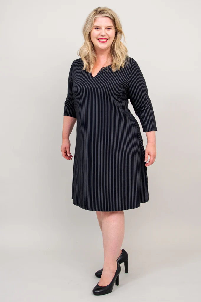 Maggie 3/4 Sleeve Dress, Blk/Grey Stripe, Bamboo - Final Sale - Image 8
