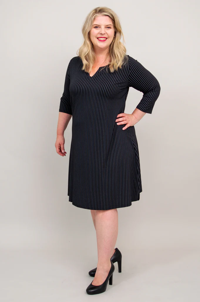 Maggie 3/4 Sleeve Dress, Blk/Grey Stripe, Bamboo - Final Sale - Image 9